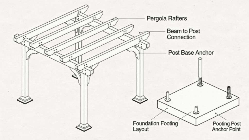 pergola structure diagram with rafters, post anchor, and foundation footing