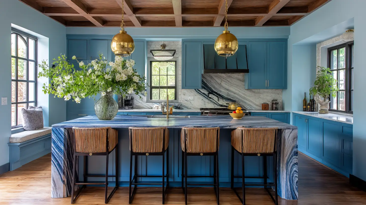 Blue kitchen with marble countertops, gold pendant lights, and tall flower arrangement on island