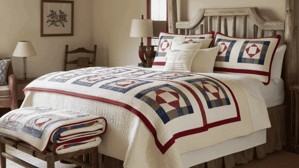rustic bedroom with a quilted bedspread, decorative pillows, and wooden furniture