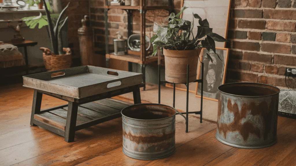 rustic room with metal planters, a wooden tray table, and exposed brick walls