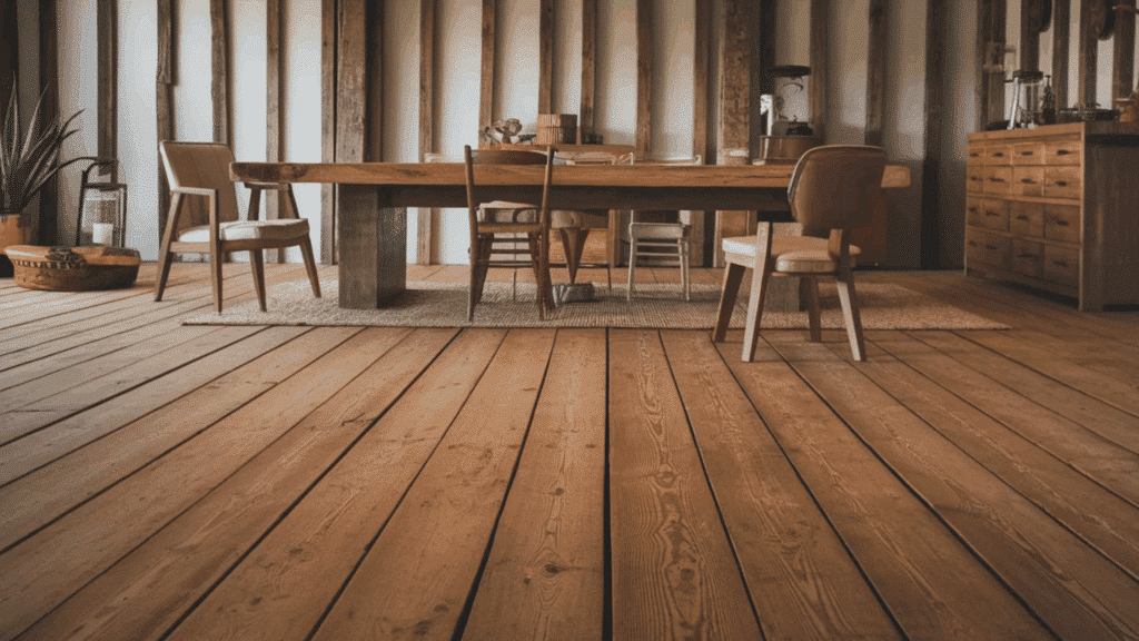 rustic wood flooring in a farmhouse-style dining room with a wooden table and chair