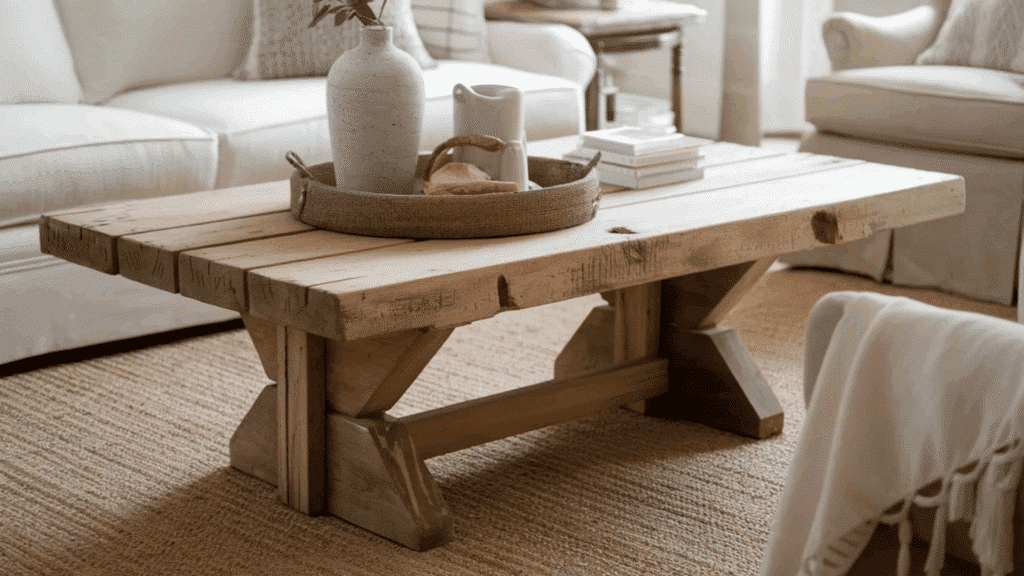 rustic wooden coffee table with a vase, tray, and stacked books