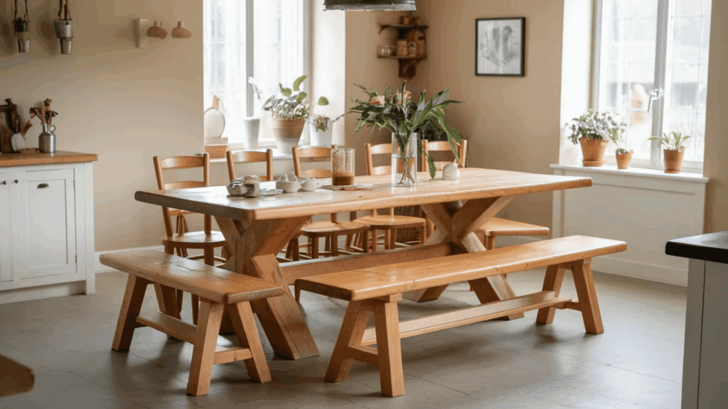 rustic wooden dining table with matching benches and chairs, surrounded by plants in pots