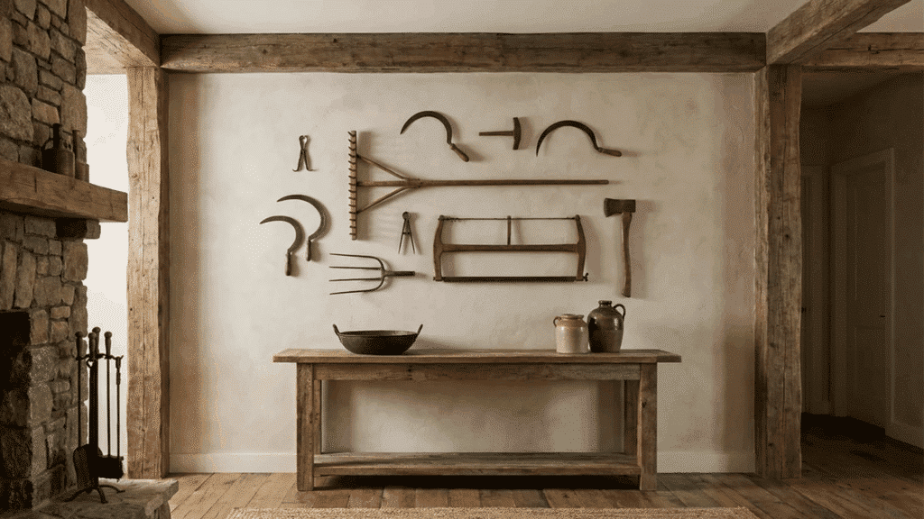 rustic wooden table with vintage farming tools on the wall and a stone fireplace