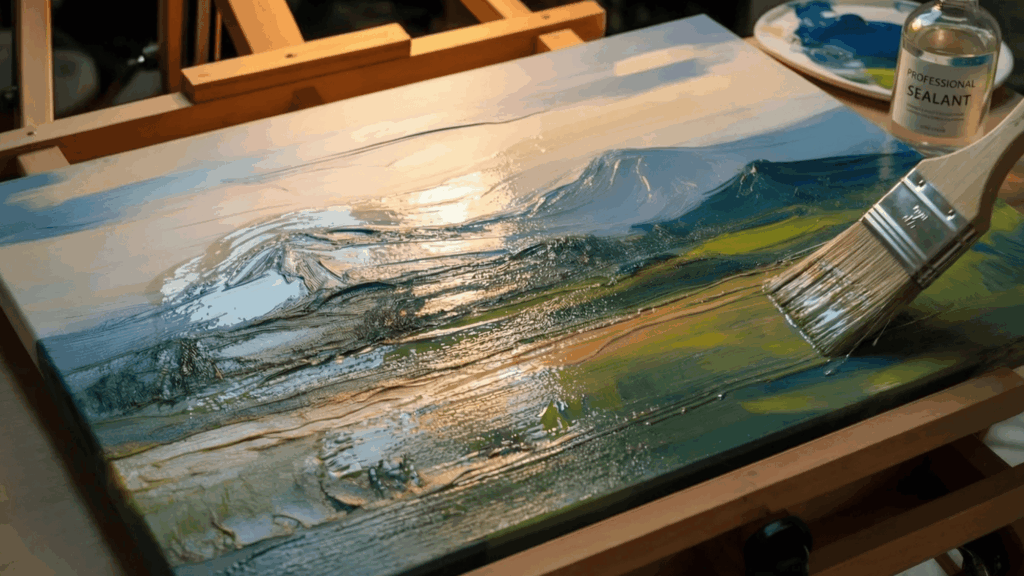 sealing the painted canvas with a protective coat to preserve the artwork and enhance its durability