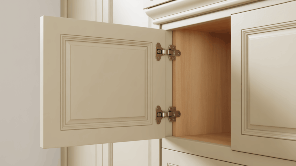 semi concealed cabinet hinges on an open cream face frame cabinet showing two bronze decorative barrels along the door edge