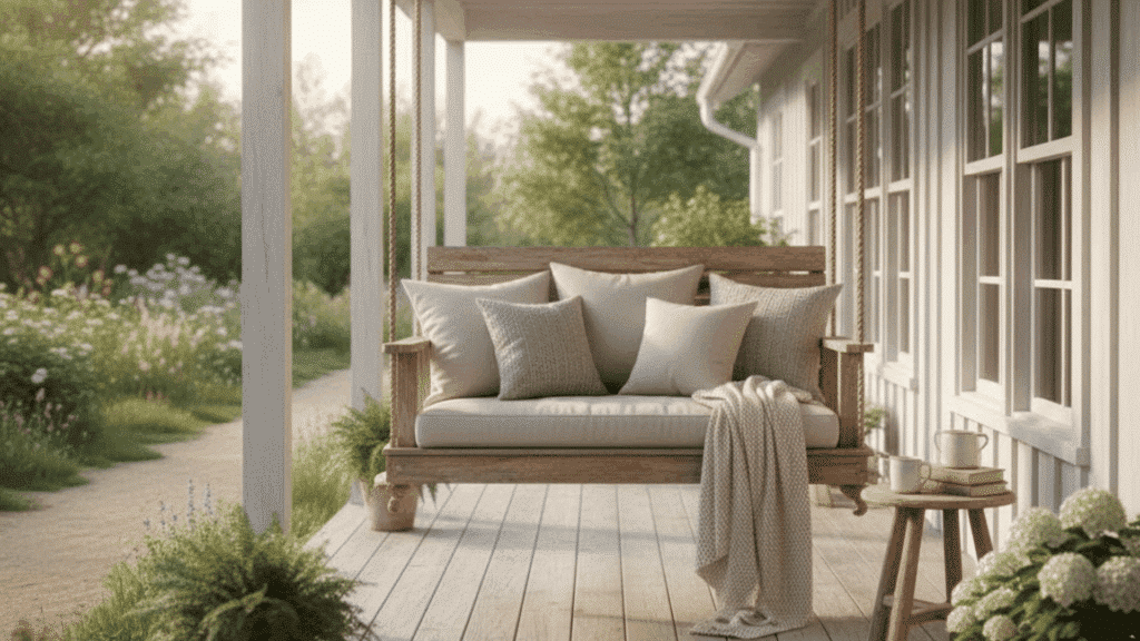 serene porch with a wooden swing, potted plants, and a peaceful garden view