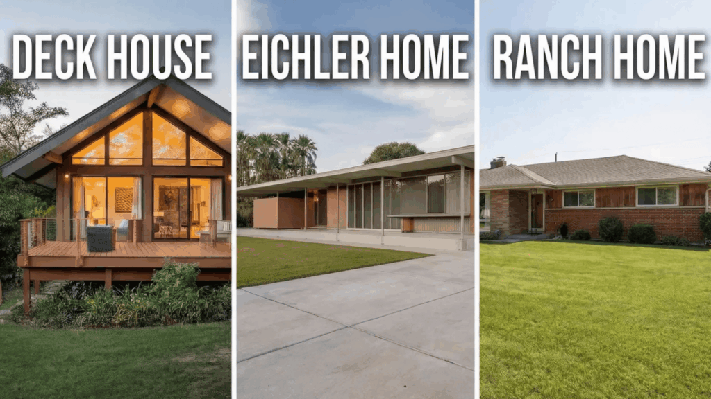 side-by-side comparison of a deck house, an Eichler home, and a single-story ranch home