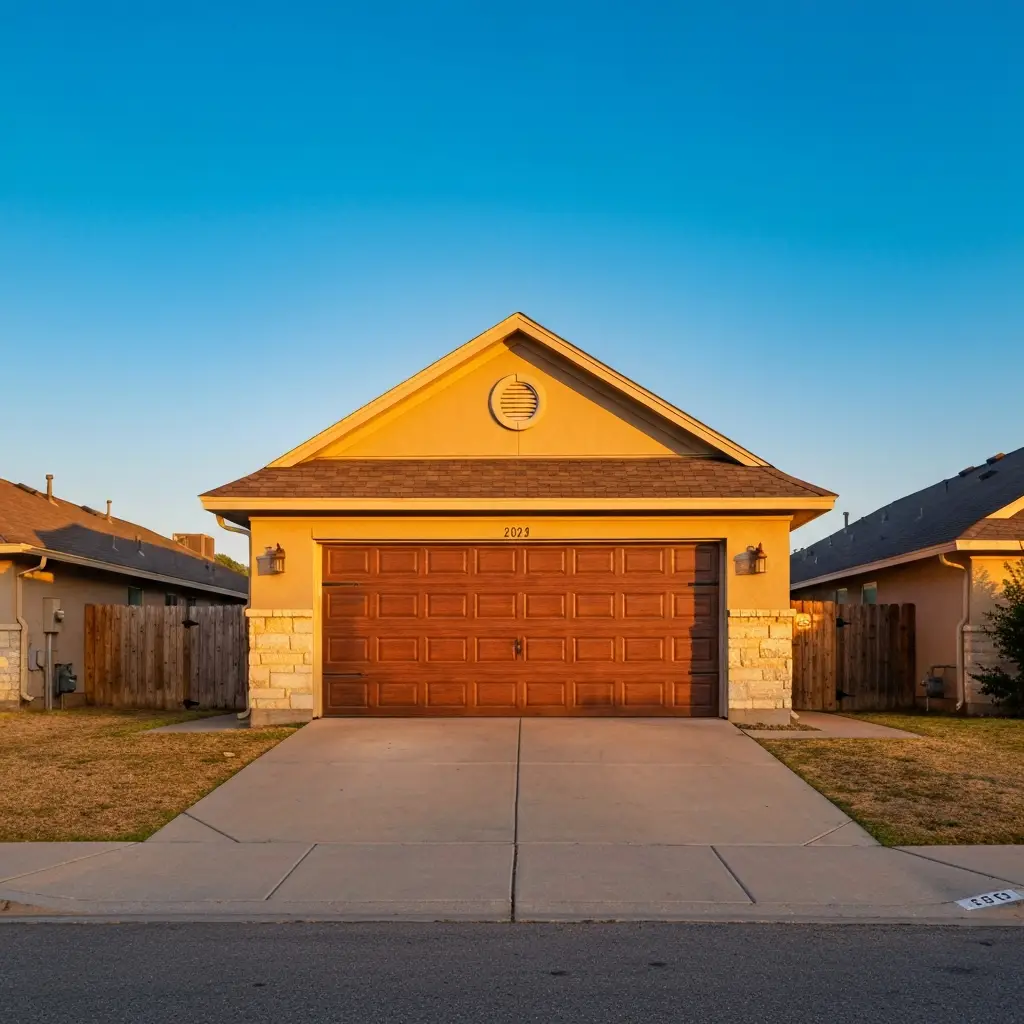 Suburban house with a two-car garage bathed in warm sunset light