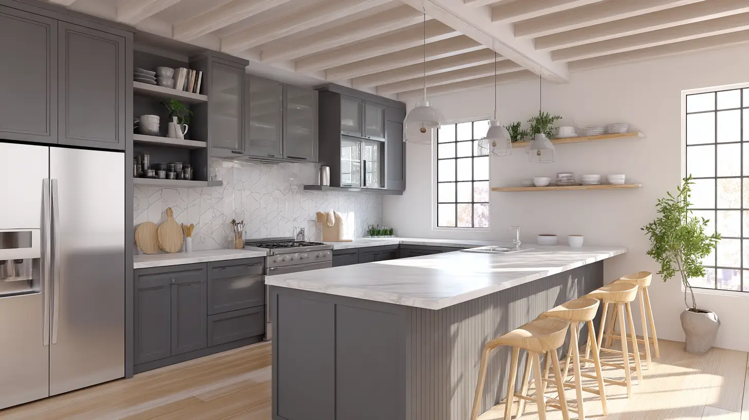 Modern kitchen with gray cabinets, marble countertops, and wooden bar stools under natural light