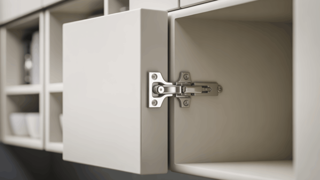 soft close cabinet hinge on an open light grey frameless cabinet showing the hinge arm dampening mechanism and mounting plate