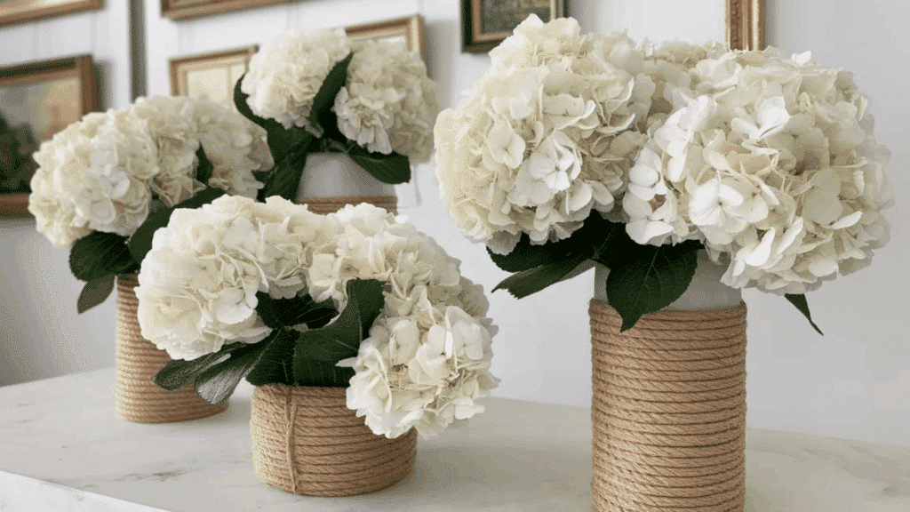 three white hydrangea arrangements in rope-wrapped vases on a shelf with framed artwork in background