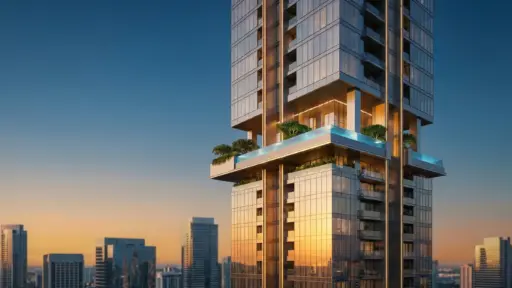 Modern high-rise building with rooftop garden and glass facade under evening sky