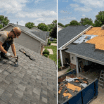 two-panel view of a roof repairman (left) and a full roof replacement (right) on suburban homes on a sunny day