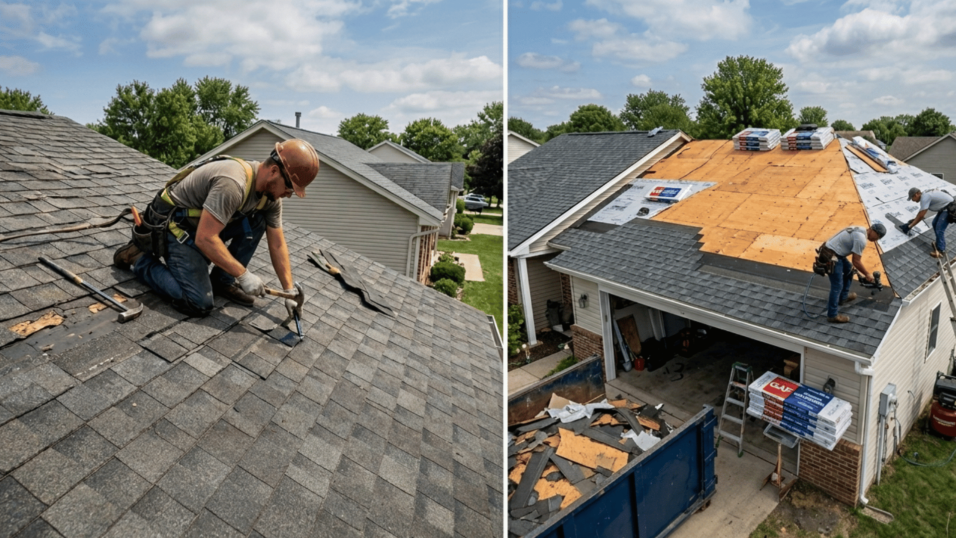 two-panel view of a roof repairman (left) and a full roof replacement (right) on suburban homes on a sunny day