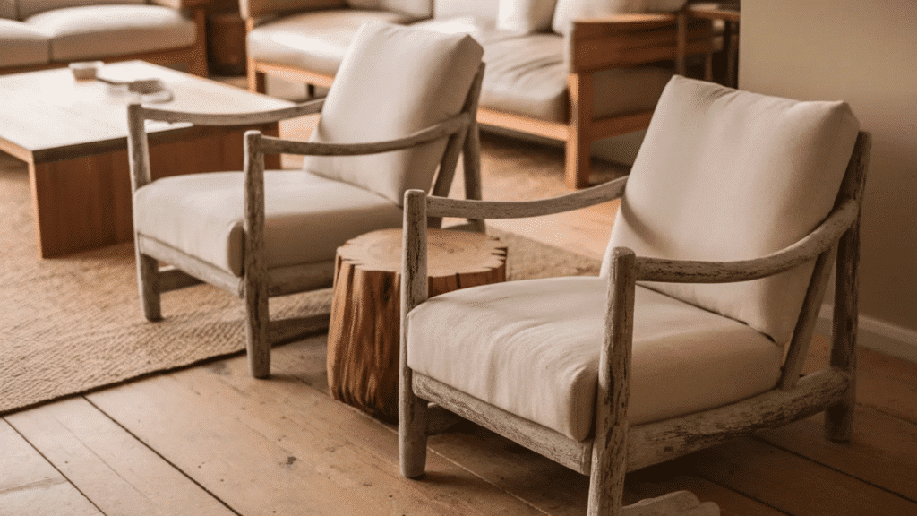 two rustic armchairs with light beige cushions and wooden frames, with a small wooden stump table in between
