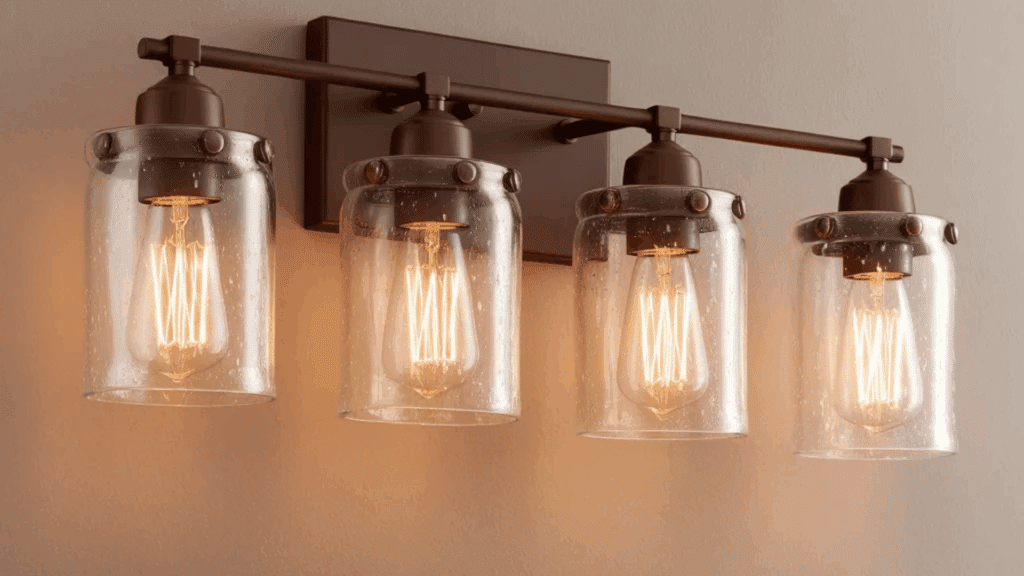 vintage-style light fixture with clear glass shades and exposed filament bulbs