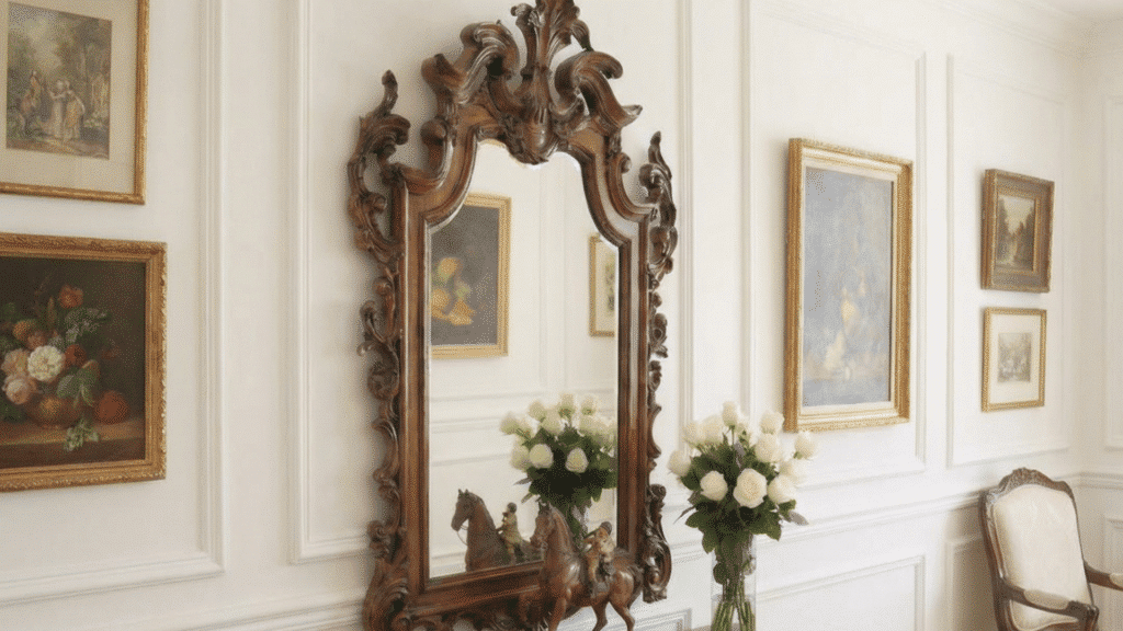 vintage wooden mirror with a horse figurine