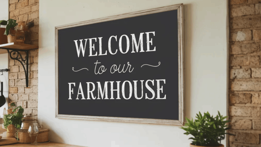 welcome to our farmhouse sign in a cozy kitchen with plants, wooden shelves, and kitchen utensils