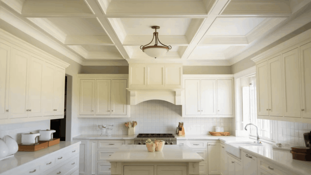 white coffered ceiling with intricate molding above a bright, modern kitchen