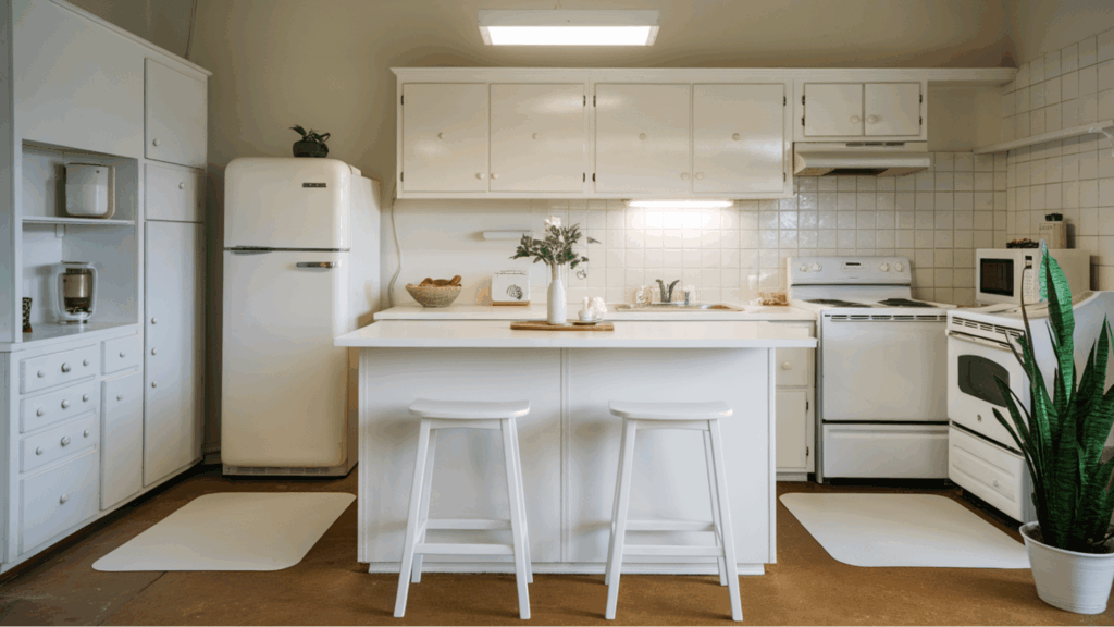 white kitchen with matching cabinets, consistent hardware, and coordinated backsplash and countertop tones.