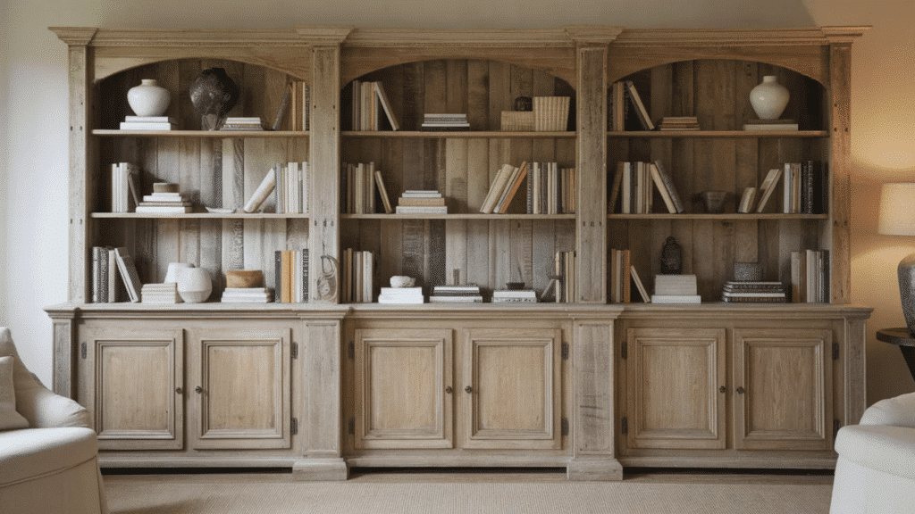 wooden bookshelf with various books and decorative items, set against a neutral wall with a cozy atmosphere