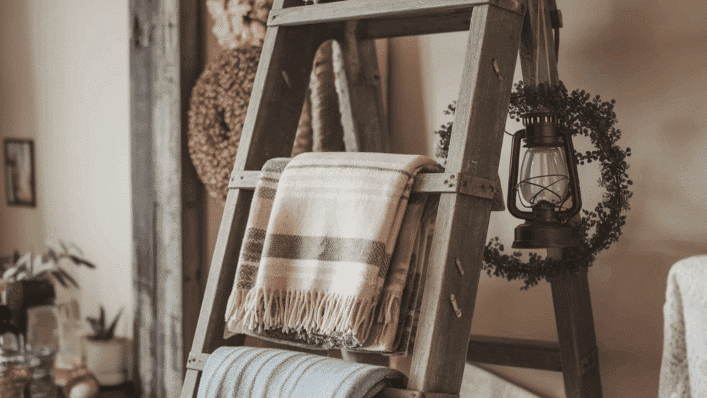 wooden ladder with blankets, an oil lantern, and a greenery wreath
