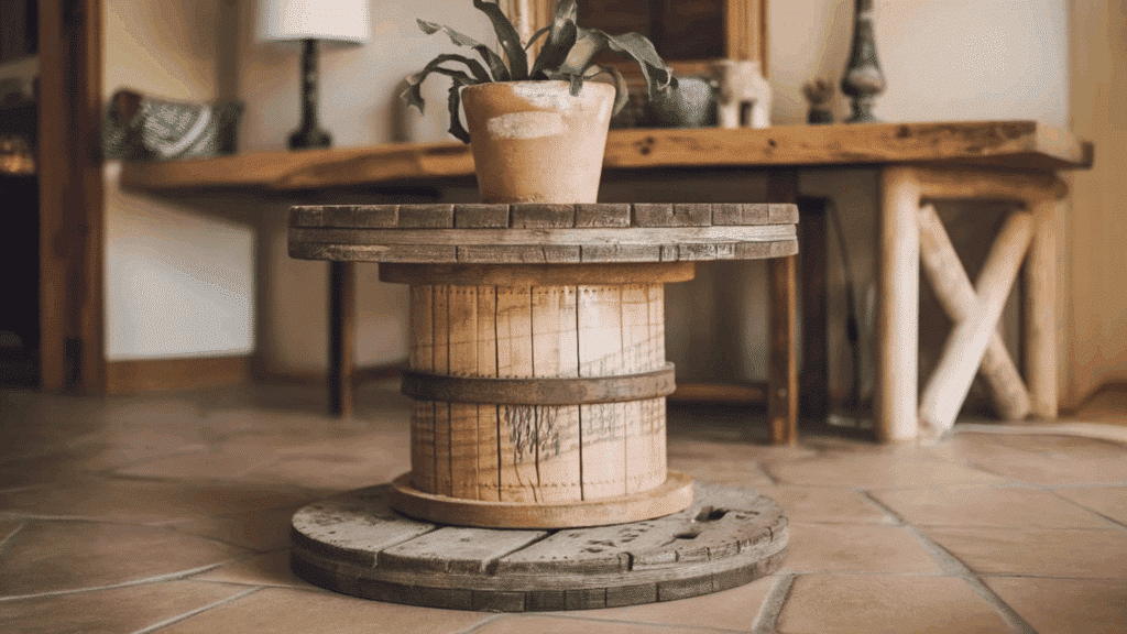 wooden spool turned into a rustic coffee table with a potted plant