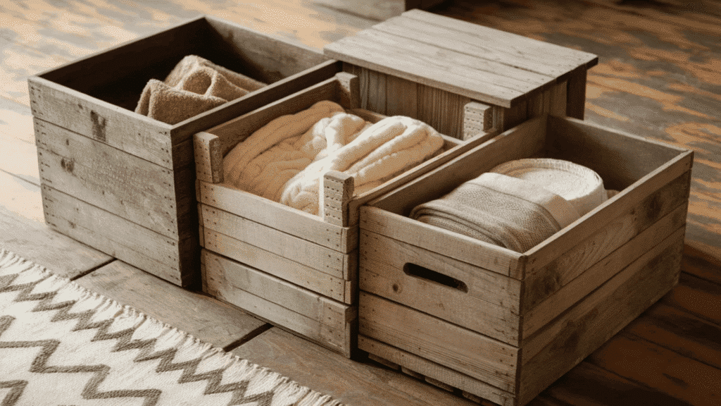 wooden storage crates filled with cozy blankets and placed on a rustic floor