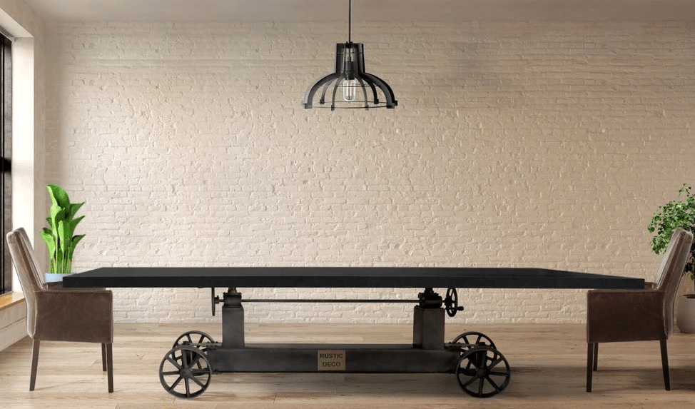 Industrial dining table on wheels.