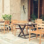 Outdoor communal patio dining area.