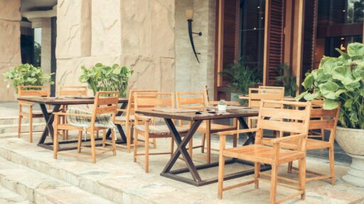 Outdoor communal patio dining area.