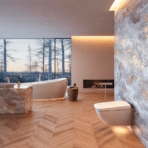 Luxury bathroom with scenic nature view.