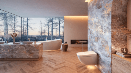 Luxury bathroom with scenic nature view.