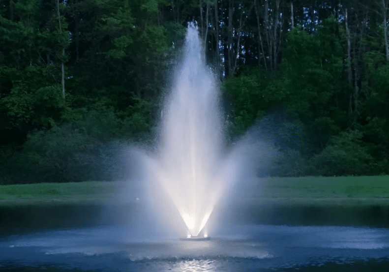Fountain spraying water in a pond.