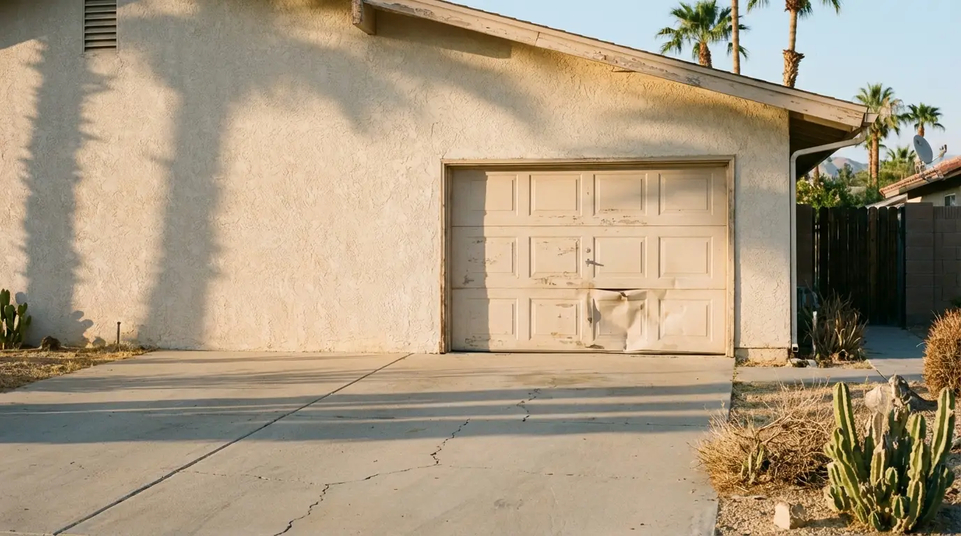 Weathered garage door in sunny desert setting with palm shadows and surrounding cacti