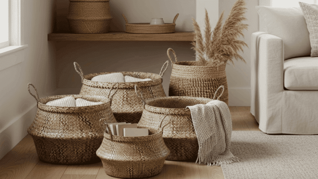 woven baskets with handles, a shelf with pottery, and soft neutral decor