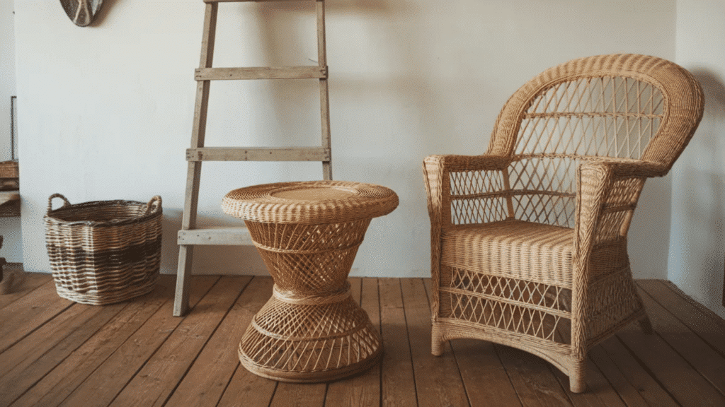 woven rattan chair and stool with a rustic wooden ladder and basket.